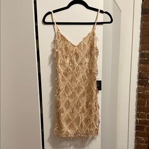 Lulu's Beaded Fringe Slip Dress in Champagne Gold